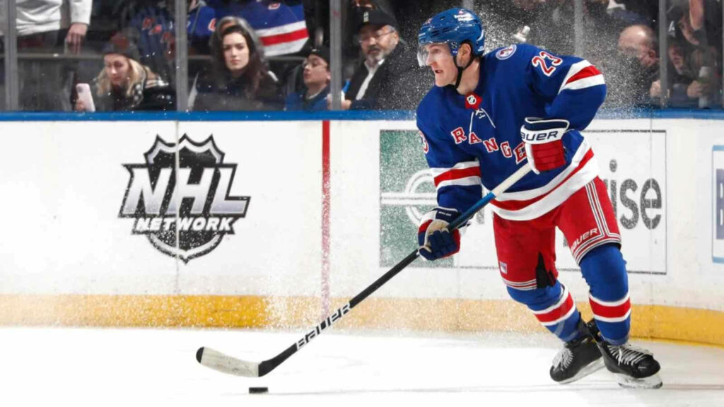 Adam Fox New York Rangers dynamic ice hockey action burst of snow fan art wallpaper background