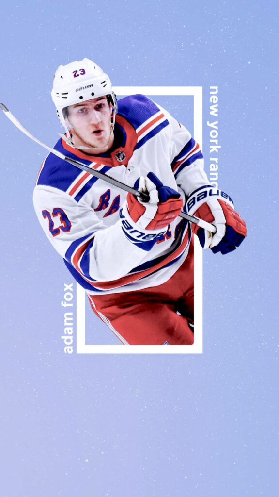 Adam Fox New York Rangers fan art wallpaper intense focus athleticism light blue background