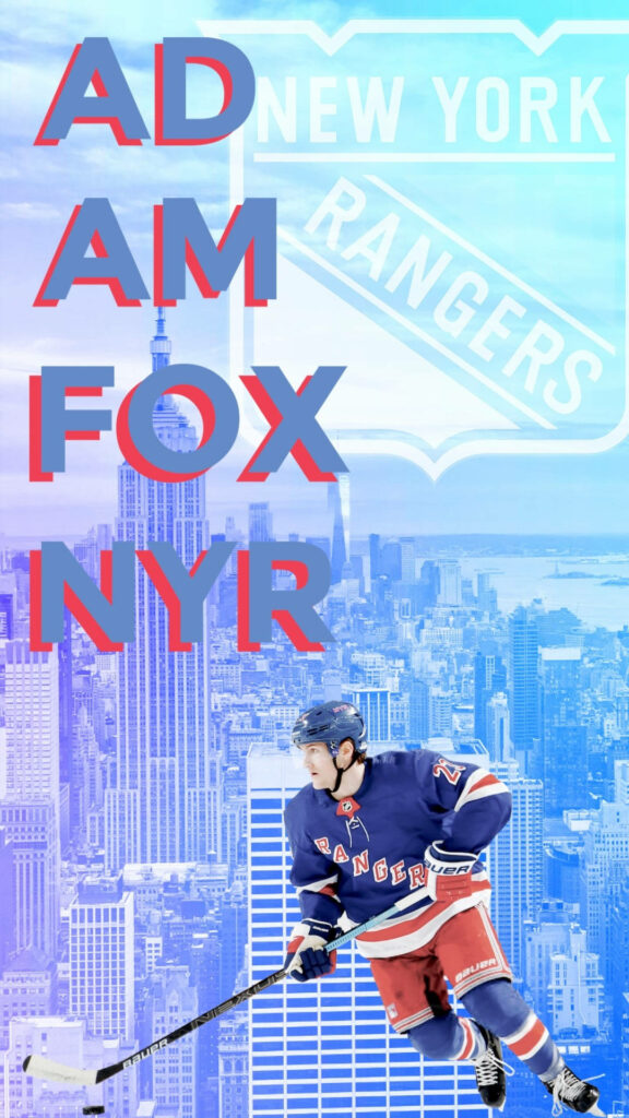 Adam Fox New York Rangers wallpaper with team logo and iconic New York City skyline background