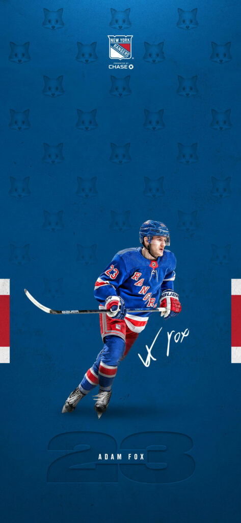 Classy Adam Fox Wallpaper - NY Rangers Jersey #23 on Blue Background