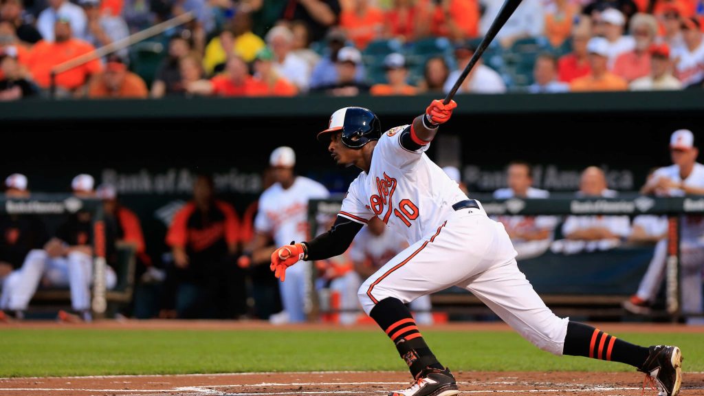 Baltimore Orioles Adam Jones mid-swing in number 10 jersey stadium background wallpaper