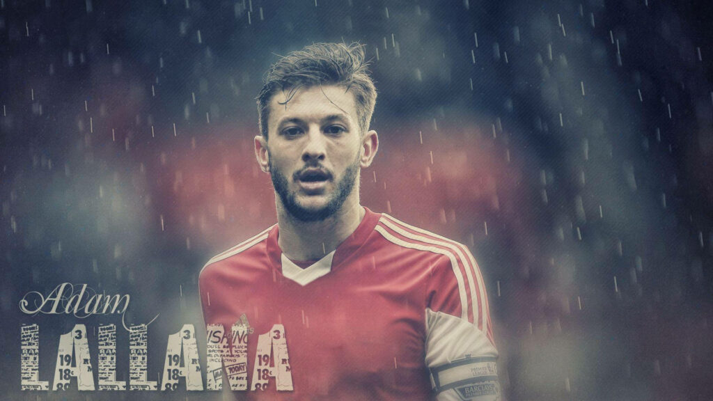 Adam Lallana focused in rain wearing red football jersey dramatic stylish edit wallpaper background