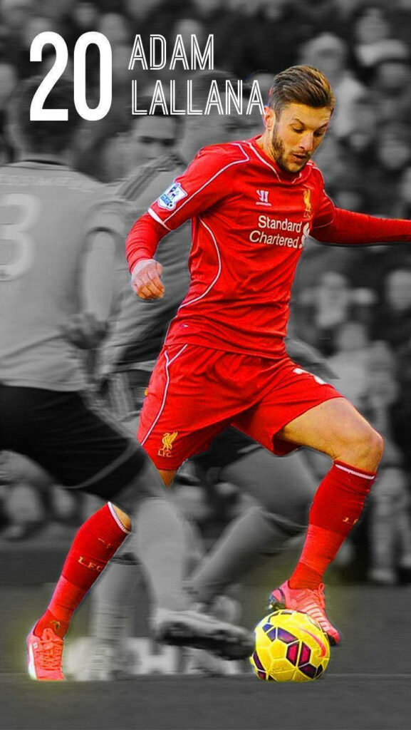 Adam Lallana Liverpool kit action grayscale wallpaper with vibrant red highlight dramatic background