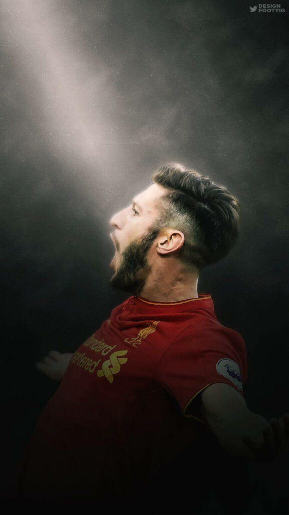 Adam Lallana celebrating in Liverpool kit dynamic football wallpaper gray background vibrant energy