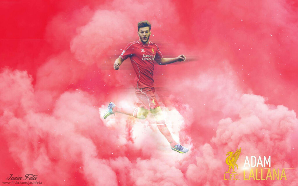 Adam Lallana Liverpool FC kit action pose with dynamic red smoky wallpaper background