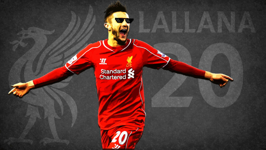 Adam Lallana celebrating in red Liverpool kit with bold number 20 and textured gray background Wallpaper