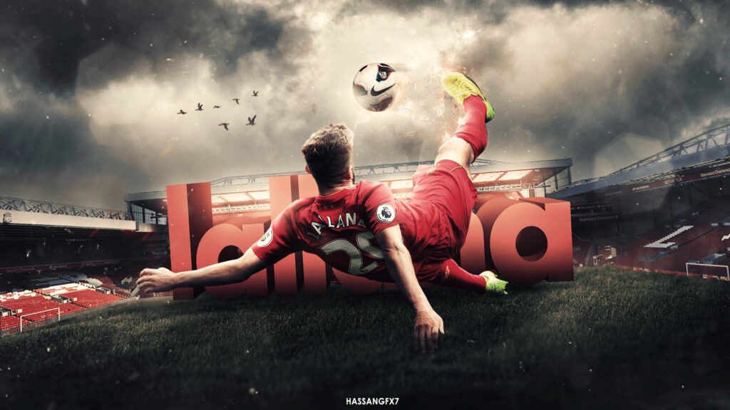 Adam Lallana executing a scissor kick on football field with dynamic stadium lighting background Wallpaper