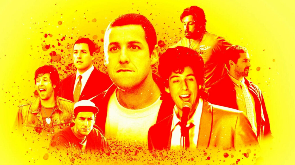 Vibrant yellow wallpaper of Adam Sandler showing iconic roles and versatile comedic characters