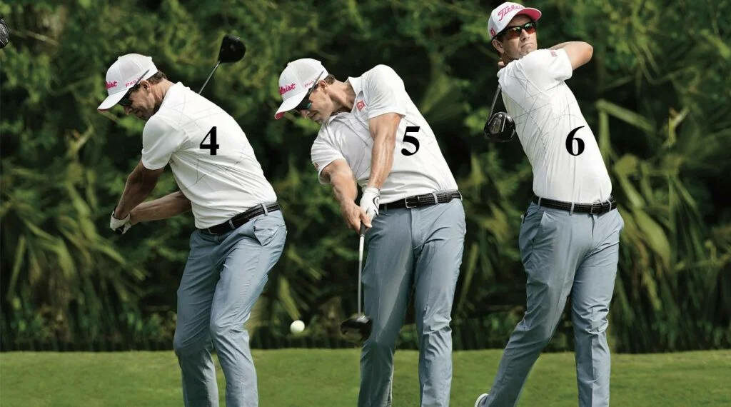 Adam Scott golf swing sequence wallpaper showing smooth technique on lush green background