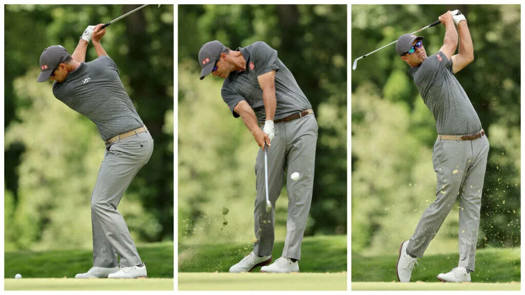 Adam Scott performing dynamic golf swings on a vibrant green course showcasing technique Wallpaper