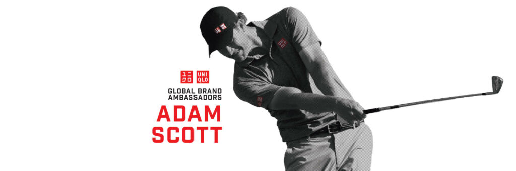 Adam Scott swinging golf club wearing Uniqlo apparel dynamic golf wallpaper background