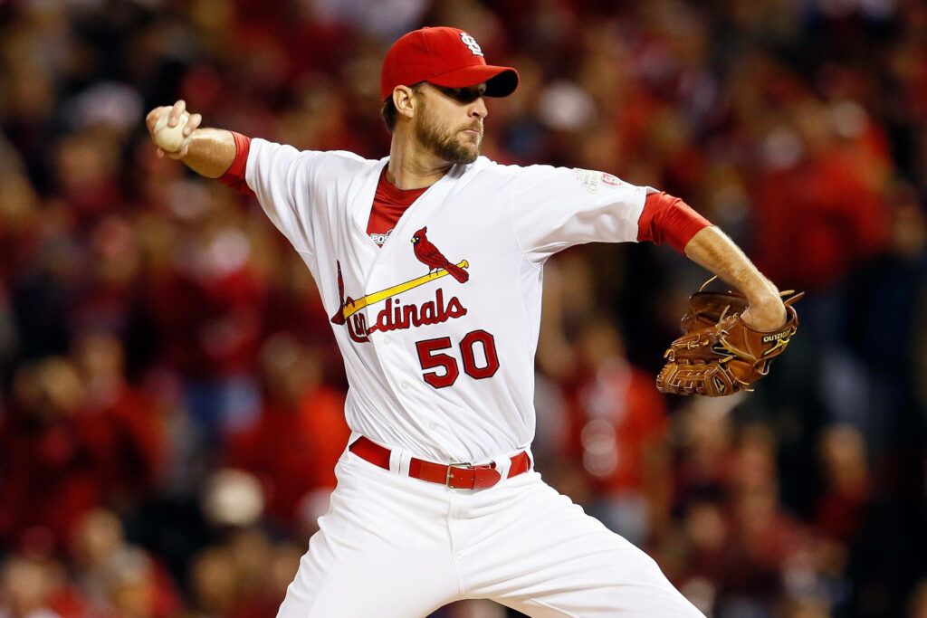 Adam Wainwright Cardinals pitcher in focused stance on mound during baseball game wallpaper