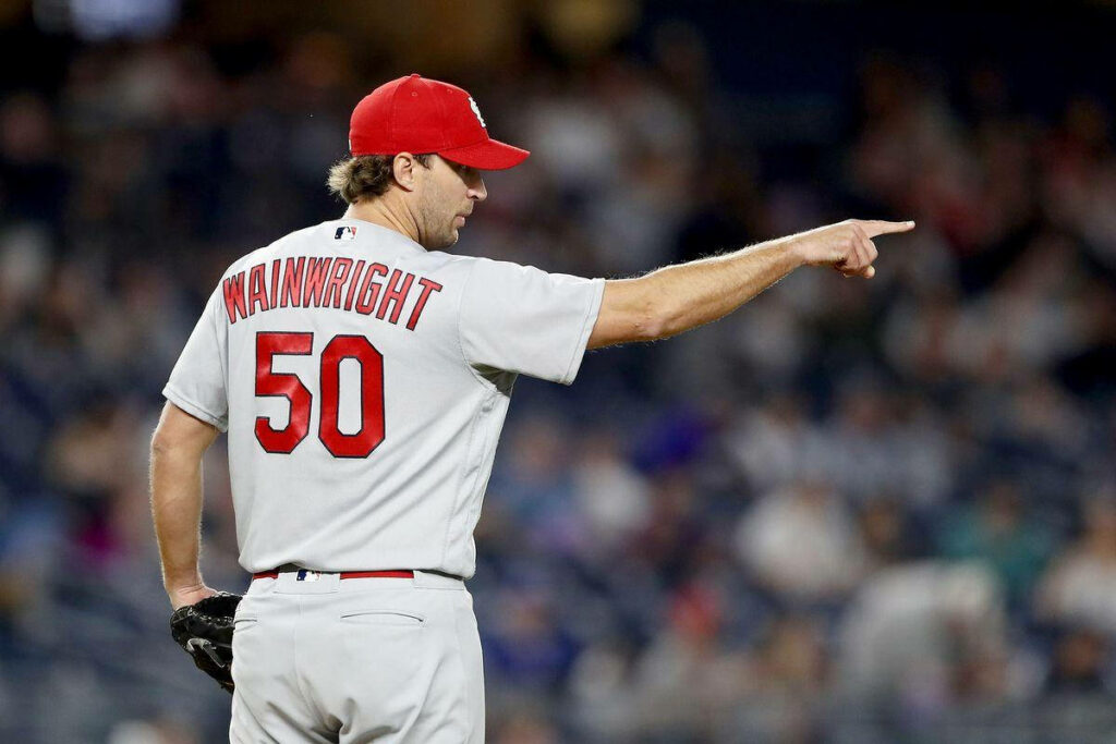 Adam Wainwright St Louis Cardinals number 50 baseball player pointing on the field preparing play Wallpaper