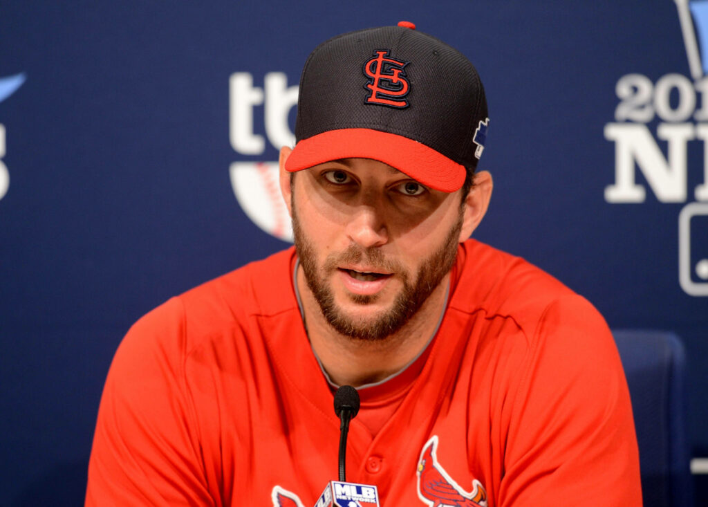Adam Wainwright in St Louis Cardinals uniform speaking at MLB press conference backdrop Wallpaper