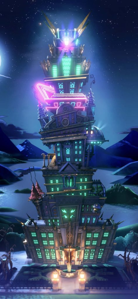 Addams Family mansion iPhone wallpaper CGI neon lights spooky whimsical night background