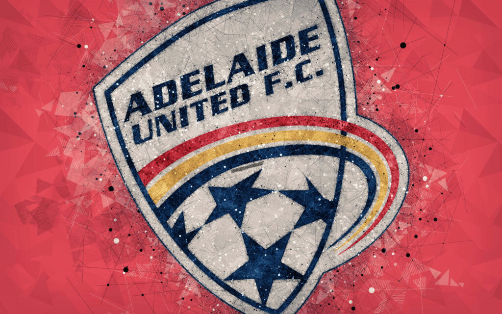 Adelaide United FC emblem on vibrant red geometric wallpaper showcasing team energy