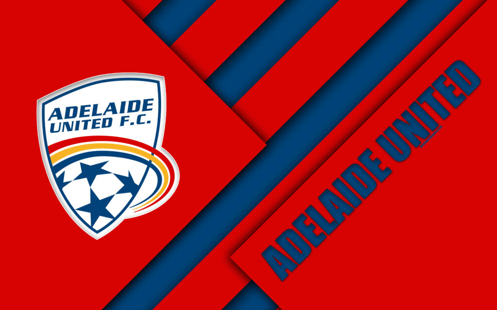 Adelaide United FC logo on dynamic red and blue background showcasing team spirit wallpaper