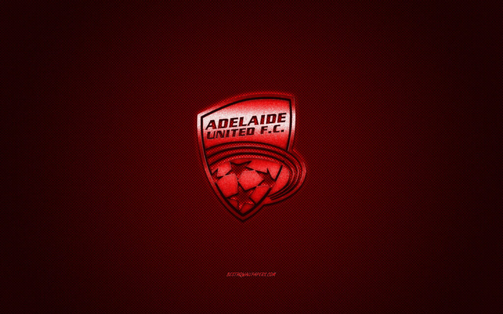 Adelaide United FC logo on deep red textured background team pride wallpaper design