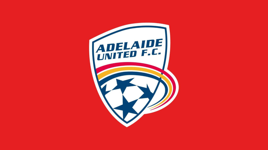 Adelaide United Football Club emblem on bold red background wallpaper showcasing team pride