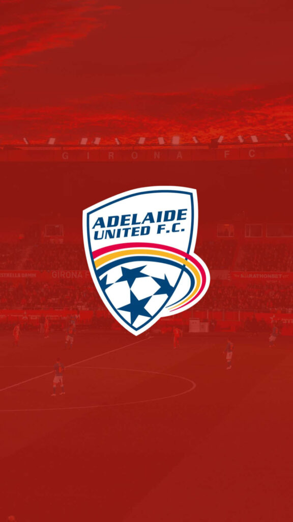 Adelaide United team in action with official logo and vibrant stadium background wallpaper