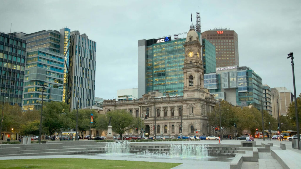 Adelaide Victoria Square clock tower with modern buildings vibrant urban cityscape wallpaper