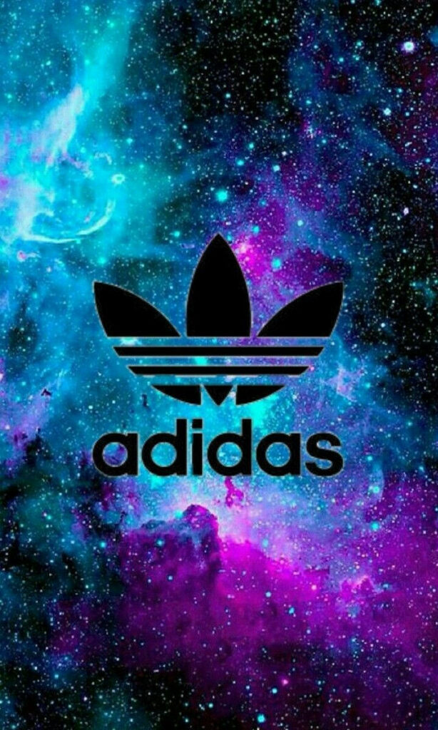Adidas logo bold on vibrant colorful galaxy background cosmic wallpaper for branding and style