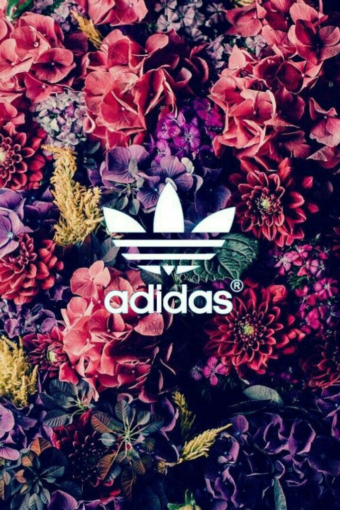 Adidas logo overlay on vibrant floral arrangement sporty energy botanical wallpaper background