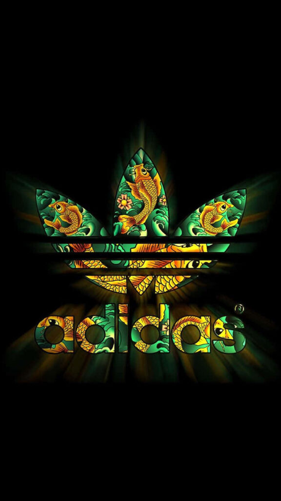 Adidas trefoil logo with shiny koi fish and leaf patterns on black artistic wallpaper background
