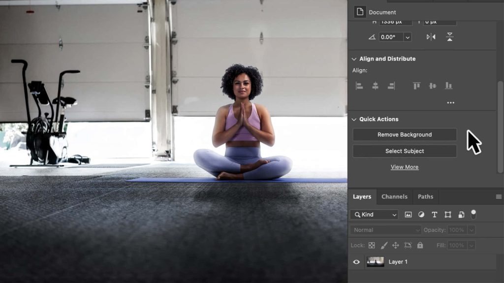 Woman doing yoga in garage showcasing Adobe Photoshop AI Remove Background and Select Subject tools Wallpaper
