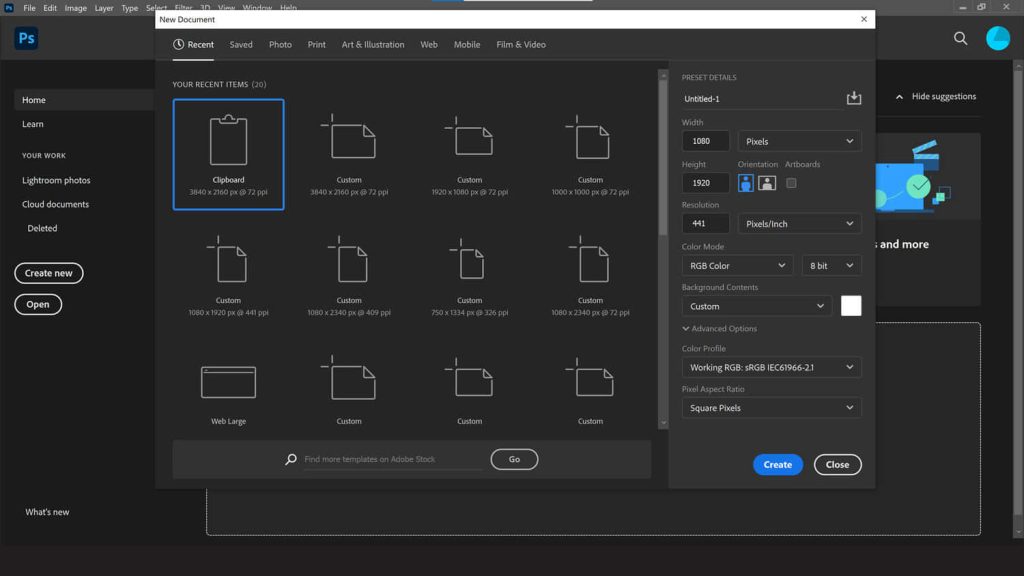 Adobe Photoshop new document interface dark mode showing presets recent files and settings panel Wallpaper