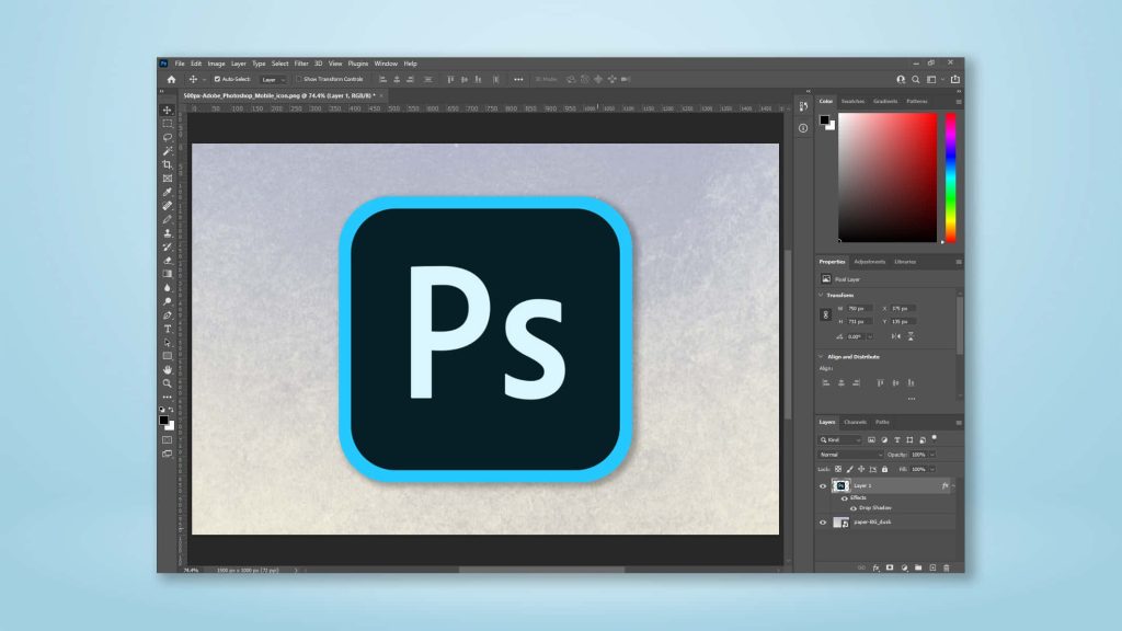 Adobe Photoshop interface screenshot showing iconic Ps logo with editing tools and color panels Wallpaper