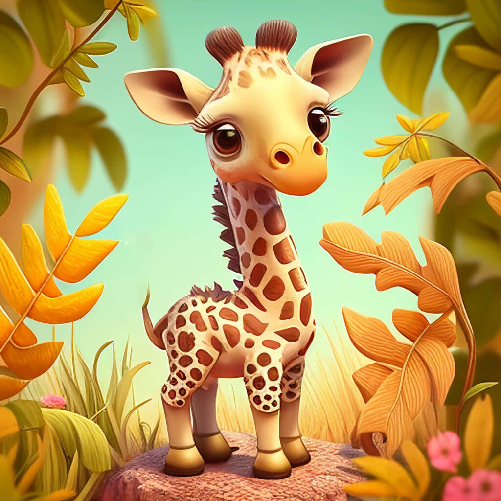 Adorable 3D Cartoon Baby Giraffe Wallpaper in Vibrant Foliage
