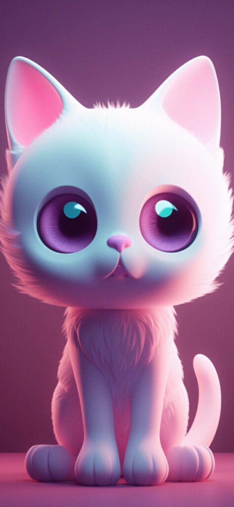 Adorable 3D Cartoon Kitten on Charming Pink & Purple Wallpaper