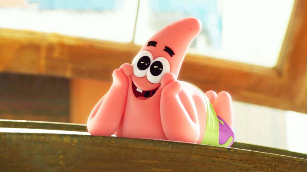 3D CGI wallpaper of Patrick Star smiling with expressive eyes on warm softly lit background