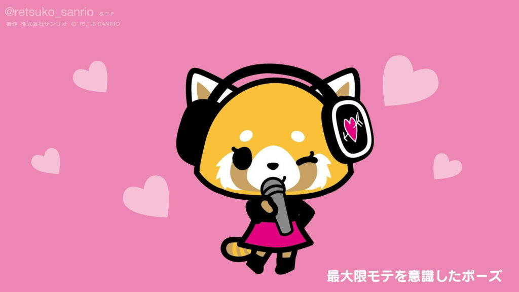 Adorable Aggretsuko Singing with Microphone - Fun Pink Heart Wallpaper
