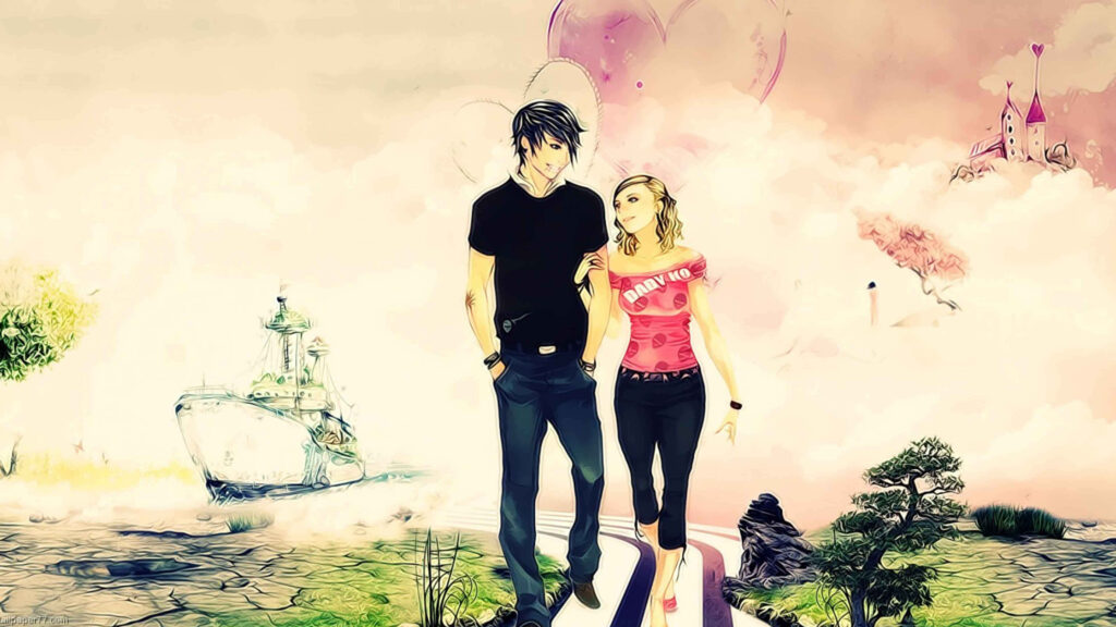 Inseparable Love: A Captivating Anime Cartoon Depicting a Delightful Couple Strolling Affectionately Wallpaper