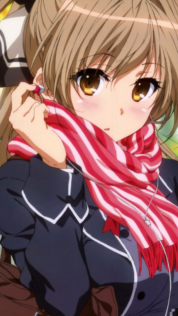 Cozy Anime Wallpaper: Adorable Character with Amber Eyes & Striped Scarf