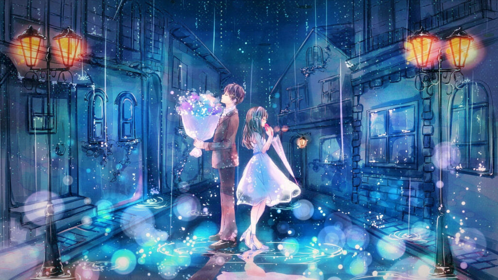 Rainy Reunion: Adorable Anime Couple Embrace the Storm Wallpaper