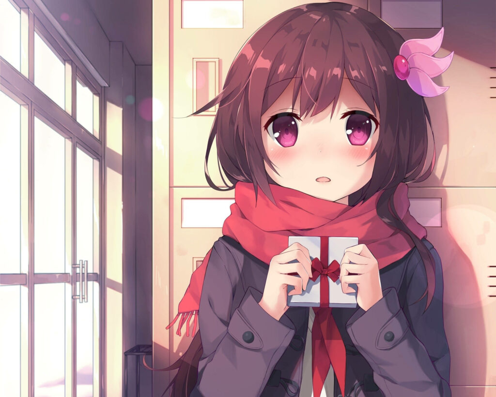 A Bashful Anime Girl Awkwardly Presents a Gift in the School's Hallways Wallpaper