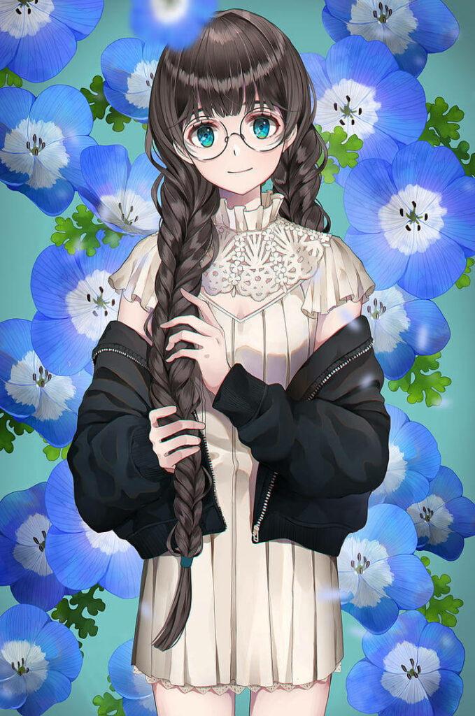 Adorable Anime Girl iPhone Wallpaper with Blue Floral Background