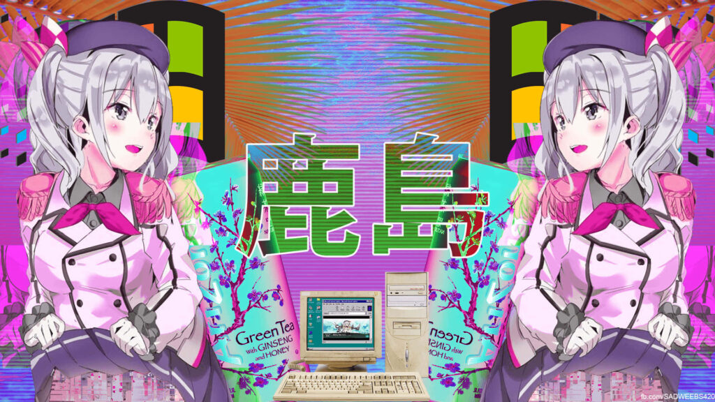 Vintage Vibes: A Kawaii Anime Girl Embracing Retro Aesthetics and Self-Reflection Wallpaper