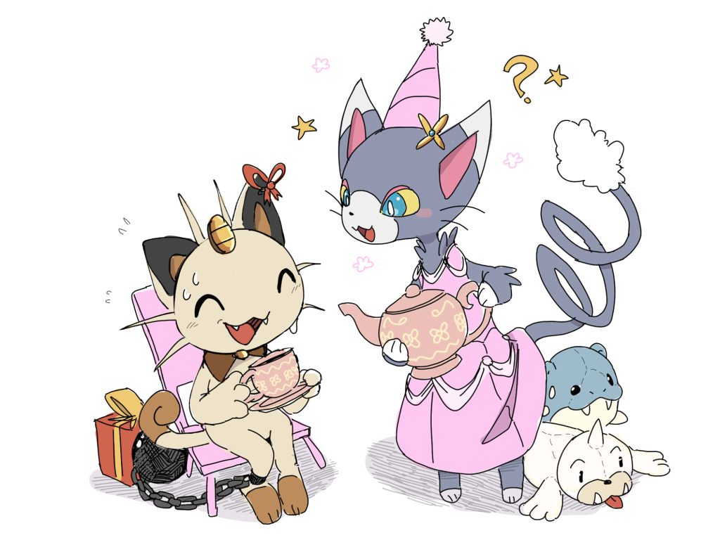 Anime-style Pokémon tea party with Glameow in pink gown serving tea to Meowth chair Wallpaper