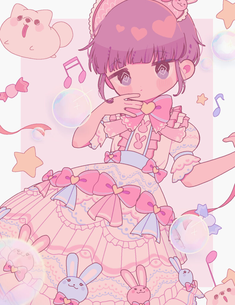Whimsical Anime Girl Wallpaper: Blush, Music Notes & Pastel Bubbles