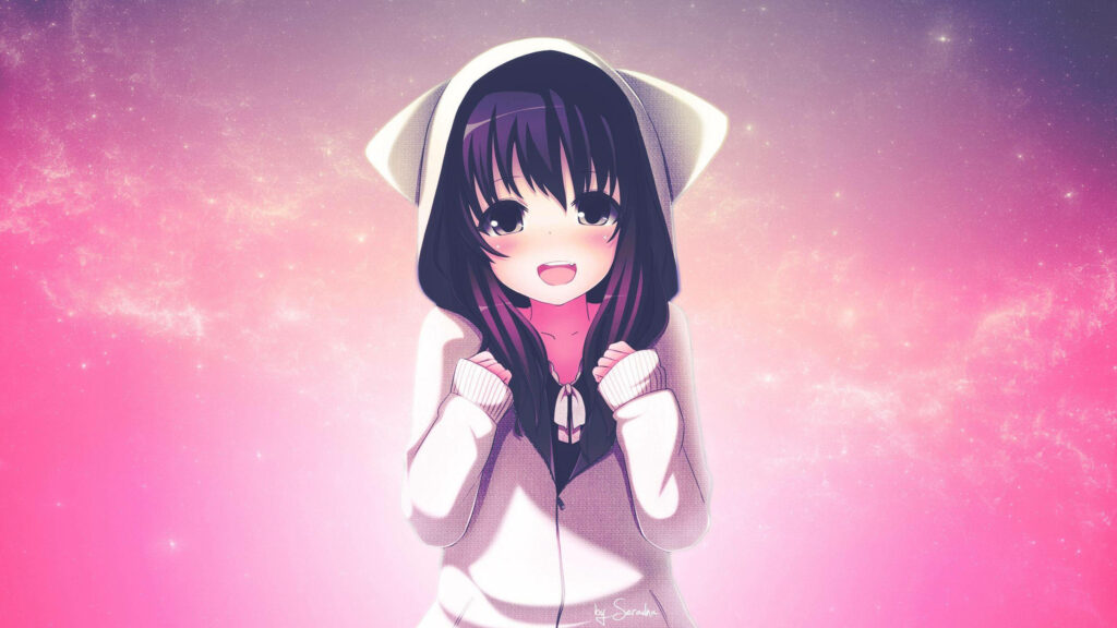Cheerful Anime Girl in Cozy Cat-Ear Hoodie | Cute Wallpaper Background