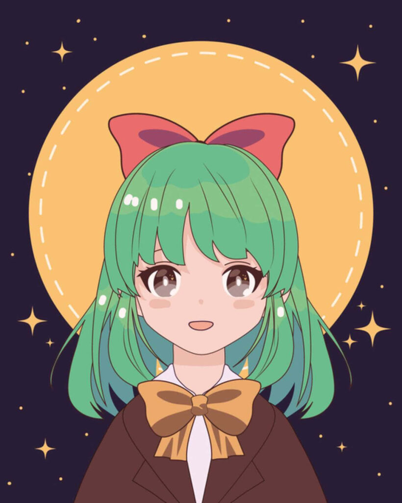 Charming Anime Character Wallpaper: Green Hair & Celestial Moon Backdrop