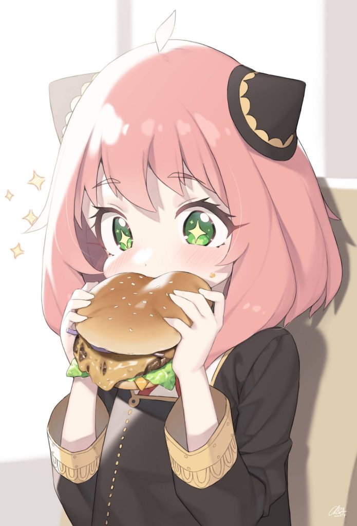 Anya Forger from Spy x Family happily eating a burger in black Eden Academy uniform wallpaper