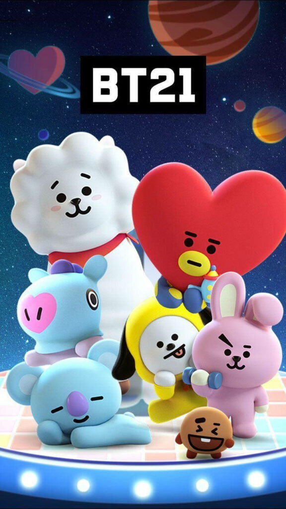 Playful 3D BT21 Characters Wallpaper with Cosmic Background