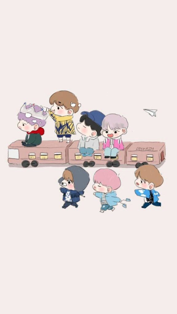 BTS chibi cartoon wallpaper pastel train four members riding three walking BTS ARMY fan art
