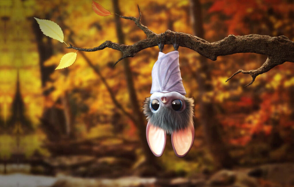 Adorable Baby Bat Wallpaper: Cute Animation in Vibrant Autumn Forest