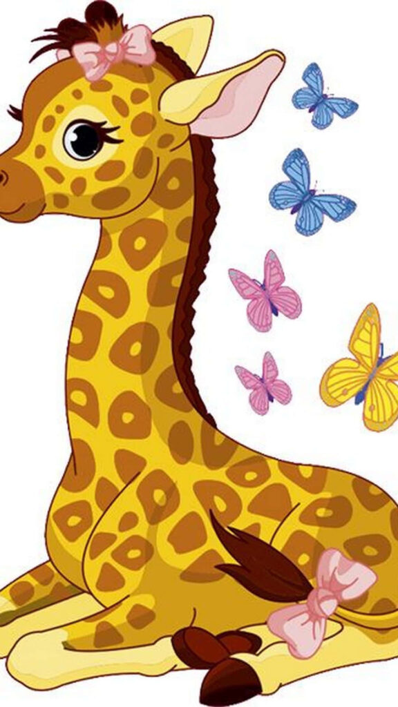 Whimsical Baby Giraffe with Bows and Butterflies Wallpaper